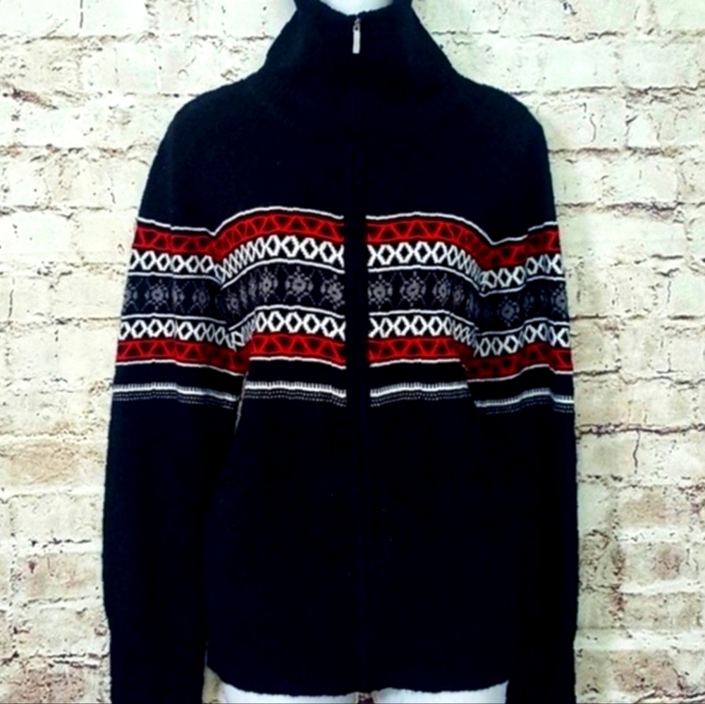 Josephine Chaus Fair Aisles Zip Front Nordic Red/Black Sweater Sz.L